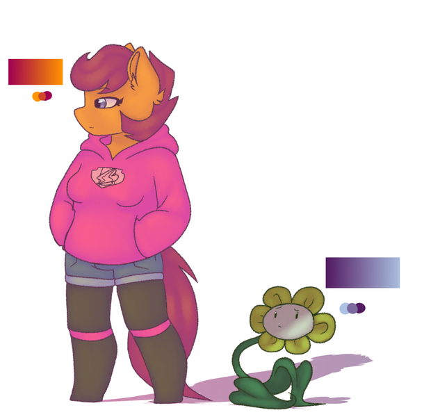 Size: 1000x984 | Tagged: anthro, artist:synnibear03, breasts, clothes, color palette, comic:ponytale, crossover, derpibooru import, duo, female, flower, flowey, frown, hands in pockets, hoodie, male, mare, oc, oc:ponytale scootaloo, pegasus, safe, scootaloo, shadow, shorts, simple background, standing, undertale, white background, wings