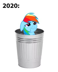 Size: 844x1048 | Tagged: safe, derpibooru import, edit, rainbow dash, pegasus, pony, 2020, abuse, crying, dashabuse, downvote bait, end of ponies, female, mare, rainbow trash, sad, simple background, solo, text, trash can, white background