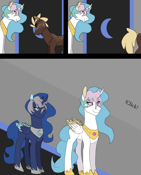 Size: 1768x2196 | Tagged: safe, artist:moonaknight13, derpibooru import, princess celestia, princess luna, oc, pony, comic:the magic within, alternate universe, comic, markings, royal guard