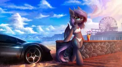 Size: 4183x2300 | Tagged: suggestive, artist:atlas-66, derpibooru import, oc, oc:andromeda galaktika, unofficial characters only, bat pony, semi-anthro, bat pony oc, bat wings, beach, belly button, beverage, bikini, bipedal, car, clothes, crossover, fangs, female, ferris wheel, glass, glasses, grand theft auto, los santos, mare, ocean, pier, rockstar games, sand, solo, solo female, straw, swimsuit, vehicle, video game crossover, wings
