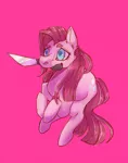 Size: 1024x1306 | Tagged: safe, artist:sughii, derpibooru import, pinkie pie, pony, knife, mouth hold, pink background, pinkamena diane pie, simple background, solo