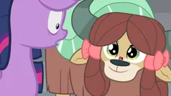 Size: 1280x720 | Tagged: alicorn, bags under eyes, coccinellidaephobia, cute, derpibooru import, duo, eye contact, female, floppy ears, frown, horrified, insect, insect on nose, ladybug, looking at each other, mare, monkey swings, safe, scared, screencap, smiling, spoiler:interseason shorts, starlight the hypnotist, twilight hates ladybugs, twilight sparkle, twilight sparkle (alicorn), wide eyes, yak, yona, yonadorable
