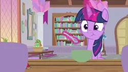 Size: 1280x720 | Tagged: safe, derpibooru import, screencap, twilight sparkle, twilight sparkle (alicorn), alicorn, insect, ladybug, pony, starlight the hypnotist, spoiler:interseason shorts, book, bookshelf, bowl, chewing, cute, eating, female, glowing horn, horn, magic, mare, solo, spoon, table, twiabetes