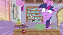 Size: 1280x720 | Tagged: safe, derpibooru import, screencap, twilight sparkle, twilight sparkle (alicorn), alicorn, insect, ladybug, pony, starlight the hypnotist, spoiler:interseason shorts, book, bookshelf, bowl, chewing, coccinellidaephobia, eating, female, floppy ears, magic, solo, spoon, table, terrified, twilight hates ladybugs