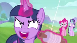 Size: 1280x720 | Tagged: safe, derpibooru import, screencap, pinkie pie, starlight glimmer, twilight sparkle, twilight sparkle (alicorn), alicorn, earth pony, pony, unicorn, starlight the hypnotist, spoiler:interseason shorts, faic, glowing horn, horn, kite, kite flying, twilight snapple