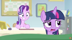 Size: 1910x1080 | Tagged: safe, derpibooru import, screencap, starlight glimmer, twilight sparkle, twilight sparkle (alicorn), alicorn, pony, starlight the hypnotist, spoiler:interseason shorts, guidance counselor, spoiler, starlight's office, worried