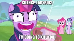 Size: 888x499 | Tagged: safe, derpibooru import, edit, edited screencap, screencap, pinkie pie, starlight glimmer, twilight sparkle, twilight sparkle (alicorn), alicorn, pony, starlight the hypnotist, spoiler:interseason shorts, achmed the dead terrorist, caption, faic, image macro, imgflip, impact font, insanity, kite, playing, text, twilight hates ladybugs, twilight snapple, wat