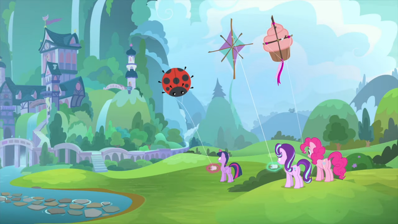 Size: 1280x720 | Tagged: safe, derpibooru import, screencap, pinkie pie, starlight glimmer, twilight sparkle, twilight sparkle (alicorn), alicorn, insect, ladybug, pony, starlight the hypnotist, spoiler:interseason shorts, kite, kite flying, that pony sure does love kites