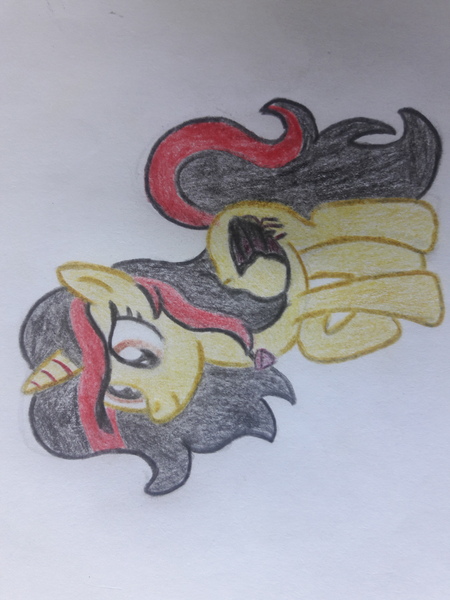 Size: 3096x4128 | Tagged: safe, artist:juani236, derpibooru import, oc, unnamed oc, unofficial characters only, alicorn, pony, spider, alicorn oc, black hair, horn, red hair, sideways image, solo, traditional art, wings