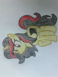 Size: 3096x4128 | Tagged: safe, artist:juani236, derpibooru import, oc, unnamed oc, unofficial characters only, alicorn, pony, spider, alicorn oc, black hair, horn, red hair, sideways image, solo, traditional art, wings