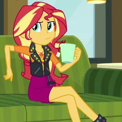 Size: 876x877 | Tagged: safe, derpibooru import, screencap, sunset shimmer, equestria girls, equestria girls series, text support, coffee mug, cropped, crossed legs, food, geode of empathy, legs, magical geodes, mug, smug, smugset shimmer, solo, tea, text support: sunset shimmer