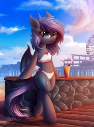Size: 1700x2300 | Tagged: suggestive, artist:atlas-66, derpibooru import, edit, oc, oc:andromeda galaktika, unofficial characters only, bat pony, semi-anthro, adorkable, bat pony oc, bat wings, beach, belly button, beverage, bikini, bipedal, breasts, clothes, cropped, crossover, cute, dork, fangs, female, ferris wheel, glass, glasses, grand theft auto, los santos, mare, midriff, ocean, pier, rockstar games, sand, small breasts, solo, solo female, straw, swimsuit, vehicle, video game crossover, wings