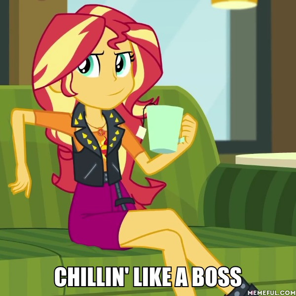 Size: 600x600 | Tagged: safe, derpibooru import, edit, edited screencap, screencap, sunset shimmer, equestria girls, equestria girls series, text support, caption, coffee mug, cropped, crossed legs, food, geode of empathy, image macro, impact font, legs, like a boss, magical geodes, memeful.com, mug, smug, smugset shimmer, solo, tea, text, text support: sunset shimmer