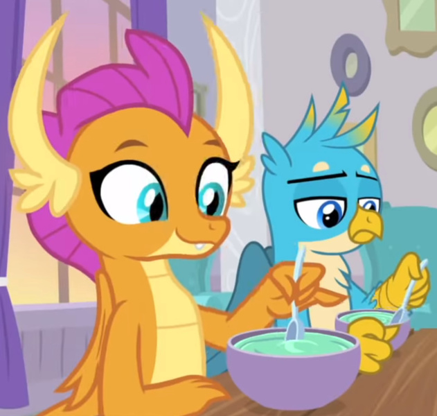 Size: 911x866 | Tagged: safe, derpibooru import, screencap, gallus, smolder, dragon, gryphon, starlight the hypnotist, spoiler:interseason shorts, cute, eating, female, food, gallabetes, male, smolderbetes, soup, spoon