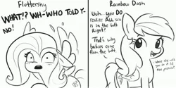 Size: 4096x2048 | Tagged: suggestive, artist:tjpones, derpibooru import, part of a set, fluttershy, rainbow dash, pegasus, pony, blushing, female, implied anal, implied sex, mare, monochrome, open mouth, pervert, rainbow dumb, spread wings, suspiciously specific denial, sweat, wingboner, wings