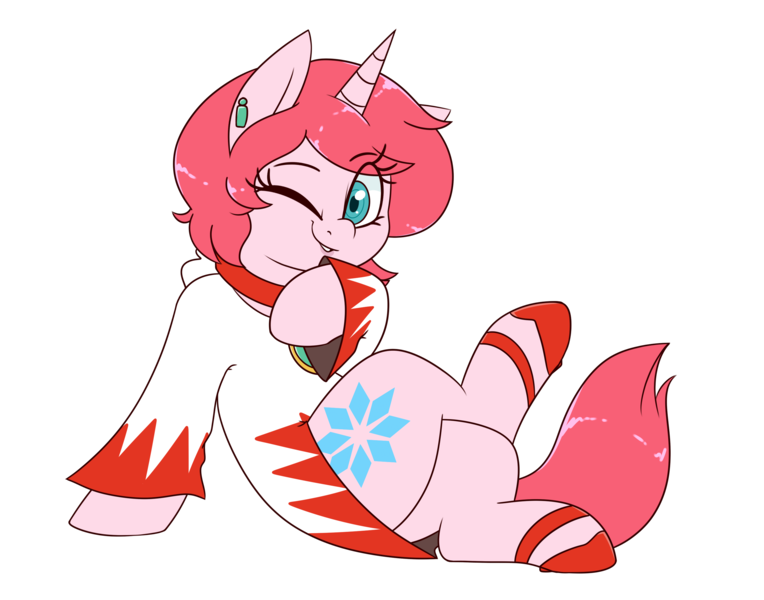 Size: 2800x2200 | Tagged: safe, artist:notenoughapples, derpibooru import, oc, oc:diamond stellar, unofficial characters only, pony, unicorn, clothes, crossed legs, ear piercing, earring, female, final fantasy, hair over one eye, high heels, hoodie, jewelry, lipstick, mare, one eye closed, piercing, shoes, simple background, sitting, solo, transparent background, white mage, wink