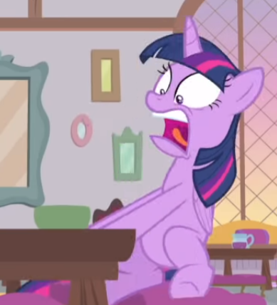 Size: 389x428 | Tagged: safe, derpibooru import, screencap, twilight sparkle, twilight sparkle (alicorn), alicorn, pony, starlight the hypnotist, spoiler:interseason shorts, cropped, open mouth, scared, screaming, sitting, solo, twilight hates ladybugs