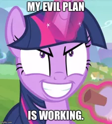 Size: 500x553 | Tagged: alicorn, caption, derpibooru import, edit, edited screencap, evil grin, evil twilight, grin, image macro, imgflip, impact font, kite, kite flying, safe, screencap, smiling, solo, spoiler:interseason shorts, starlight the hypnotist, text, twilight snapple, twilight sparkle, twilight sparkle (alicorn)