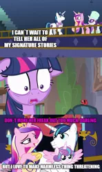 Size: 500x843 | Tagged: safe, derpibooru import, edit, edited screencap, screencap, princess cadance, princess flurry heart, rarity, shining armor, twilight sparkle, twilight sparkle (alicorn), alicorn, insect, ladybug, pony, best gift ever, starlight the hypnotist, spoiler:interseason shorts, "responsible father" armor, caption, comic, floppy ears, grammar error, image macro, imgflip, impact font, screencap comic, text, twilight hates ladybugs