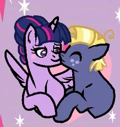 Size: 289x306 | Tagged: dead source, safe, artist:xxbronziemoonytxx, derpibooru import, star tracker, twilight sparkle, twilight sparkle (alicorn), alicorn, pony, alternate hairstyle, blushing, eyes closed, female, kissing, male, pixel art, shipping, straight, twitracker