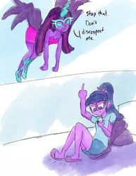 Size: 2550x3300 | Tagged: safe, artist:pettypop, derpibooru import, sci-twi, twilight sparkle, equestria girls, friendship games, bed, disrespectful, everfree forest, middle finger, midnight sparkle, mobile phone, phone, self paradox, vulgar