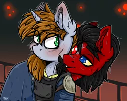 Size: 2500x2000 | Tagged: safe, artist:lrusu, derpibooru import, oc, oc:littlepip, oc:red eye, cyborg, earth pony, pony, unicorn, fallout equestria, fanfic, blushing, clothes, commission, cyber eyes, ear fluff, fanfic art, female, hetero littlepip, horn, male, mare, red and black oc, red pip, stallion, vault suit