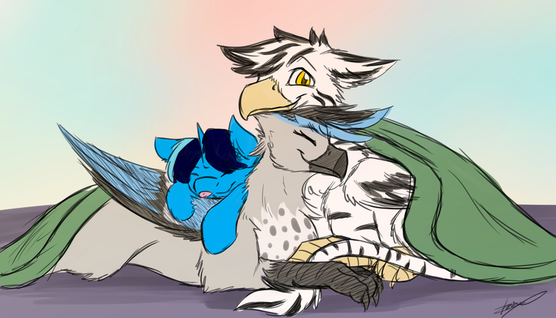 Size: 5760x3300 | Tagged: safe, artist:xeirla, derpibooru import, oc, oc:emi, oc:midnight luster, oc:warren, unofficial characters only, gryphon, original species, unicorn, zebra, zebragriff, :p, beak, blanket, cuddling, horn, silly, smiling, spots, stripes, talons, tongue out, wings, zerb