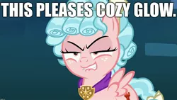 Size: 1920x1080 | Tagged: safe, derpibooru import, edit, edited screencap, screencap, cozy glow, pegasus, pony, school raze, bedroom eyes, caption, cozy glow is best facemaker, evil grin, eyebrows, eyelashes, faic, female, filly, freckles, grin, image macro, imgflip, impact font, lip bite, meme, smiling, solo, spread wings, text, wings