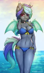 Size: 2184x3630 | Tagged: suggestive, artist:kindpineapple, derpibooru import, oc, oc:moonlight selene, unofficial characters only, anthro, bat pony, anthro oc, bat pony oc, bat wings, bikini, breasts, cleavage, clothes, ear fluff, ear piercing, female, mare, ocean, piercing, solo, solo female, swimsuit, wings