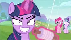 Size: 1366x769 | Tagged: safe, derpibooru import, screencap, pinkie pie, starlight glimmer, twilight sparkle, twilight sparkle (alicorn), alicorn, earth pony, pony, unicorn, starlight the hypnotist, spoiler:interseason shorts, evil face, evil grin, faic, female, glare, glowing horn, grin, gritted teeth, horn, kite, levitation, lidded eyes, looking at you, magic, mare, nervous, pinkie being pinkie, pinkie physics, prehensile mane, rapeface, scared, smiling, telekinesis, twilight snapple, wide eyes, worried