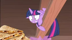 Size: 960x538 | Tagged: alicorn, derpibooru import, edit, edited screencap, floppy ears, food, photoshop, quesadilla, safe, screencap, solo, spoiler:interseason shorts, starlight the hypnotist, they're just so cheesy, twilight sparkle, twilight sparkle (alicorn)