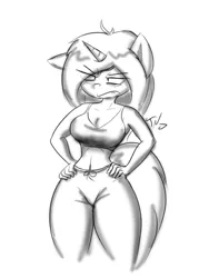 Size: 768x974 | Tagged: safe, artist:tunderi, derpibooru import, oc, oc:tess, unofficial characters only, anthro, unicorn, angry, annoyed, anthro oc, belly button, clothes, grumpy, hand on hip, hands on waist, lineart, midriff, monochrome, pants, standing, tanktop