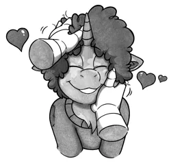 Size: 2364x2246 | Tagged: safe, artist:denzel, derpibooru import, oc, oc:idle thoughts, gryphon, pony, unicorn, afro, claws, clothes, cute, love, monochrome, petting, sweater