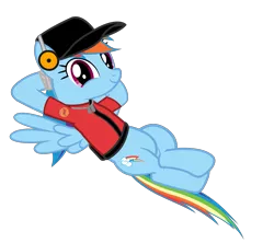 Size: 3315x2947 | Tagged: safe, artist:darkgloones, derpibooru import, rainbow dash, pony, background removed, clothes, cosplay, costume, flying, hat, rainbow scout, reclining, scout, solo, team fortress 2, vector