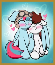 Size: 1733x2048 | Tagged: safe, artist:kimjoman, derpibooru import, oc, oc:aurora breeze, oc:graph travel, unofficial characters only, pegasus, pony, aviator goggles, aviator hat, blushing, commission, eyes closed, female, floppy ears, freckles, goggles, hat, heart, lesbian, mare, oc x oc, shipping, snuggling, wing hold, ych result