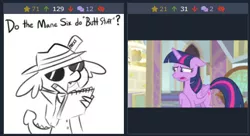 Size: 448x244 | Tagged: suggestive, artist:tjpones, derpibooru import, edit, edited screencap, screencap, spike, twilight sparkle, twilight sparkle (alicorn), alicorn, dragon, pony, derpibooru, starlight the hypnotist, spoiler:interseason shorts, clothes, cropped, embarrassed, faic, female, floppy ears, glasses, hat, juxtaposition, male, meta, monochrome, open mouth, solo, sunglasses