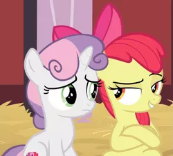 Size: 1013x914 | Tagged: safe, derpibooru import, screencap, apple bloom, sweetie belle, earth pony, pony, unicorn, the break up breakdown, bow, cropped, crossed hooves, duo, female, filly, hair bow, lidded eyes, looking at each other, raised eyebrow, sitting