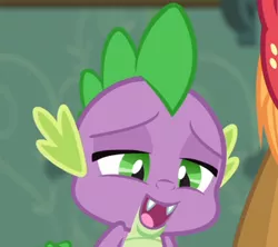 Size: 636x565 | Tagged: safe, derpibooru import, screencap, spike, dragon, the break up breakdown, baby, baby dragon, cropped, cute, fangs, lidded eyes, male, offscreen character, open mouth, solo focus, spikabetes, sweet apple acres