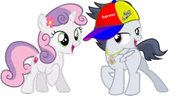 Size: 1340x727 | Tagged: safe, artist:jawsandgumballfan24, derpibooru import, rumble, sweetie belle, pegasus, pony, unicorn, bling, colt, female, filly, flower, flower in hair, foal, gold chains, hat, male, nike, rumbelle, shipping, simple background, straight, supreme, transparent background, vector