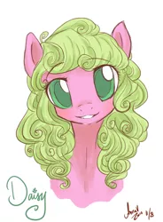 Size: 600x816 | Tagged: safe, artist:laceymod, derpibooru import, daisy, flower wishes, pony, adaisable, beautiful, bust, colored pupils, curly hair, cute, head only, looking at you, portrait, simple background, solo, white background