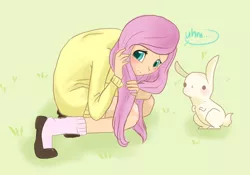 Size: 600x421 | Tagged: ..., animal, artist:laceymod, blushing, clothes, cute, derpibooru import, dialogue, dot eyes, female, fluttershy, human, humanized, rabbit, safe, shy, shyabetes, socks, solo, speech bubble