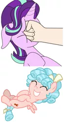 Size: 881x1683 | Tagged: safe, anonymous artist, artist:frownfactory, derpibooru import, edit, cozy glow, starlight glimmer, pegasus, pony, unicorn, derpibooru, marks for effort, abuse, cutie mark, downvote bait, drama, eyes closed, female, filly, fist, floppy ears, glimmerbuse, hand, juxtaposition, meta, punch, simple background, smiling, starlight drama, transparent background, wings