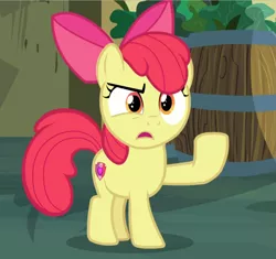 Size: 977x919 | Tagged: safe, derpibooru import, screencap, apple bloom, earth pony, pony, marks for effort, acting, bow, cropped, female, filly, hair bow, open mouth, raised eyebrow, raised hoof, solo