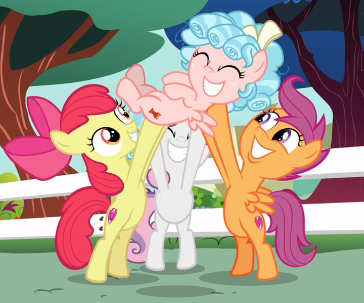 Size: 1003x836 | Tagged: safe, derpibooru import, screencap, apple bloom, cozy glow, scootaloo, sweetie belle, earth pony, pegasus, pony, unicorn, marks for effort, bipedal, cropped, cutie mark, cutie mark crusaders, excited, eyes closed, female, filly, freckles, happy, holding a pony, image, looking up, png, smiling, the cmc's cutie marks