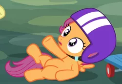 Size: 764x526 | Tagged: safe, derpibooru import, screencap, apple bloom, scootaloo, earth pony, pegasus, pony, marks for effort, cropped, female, filly, helmet, lying down, offscreen character, open mouth, solo focus, underhoof