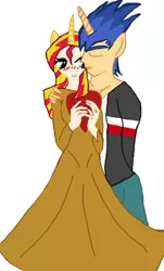 Size: 1601x2645 | Tagged: safe, artist:realityisrelative, derpibooru import, flash sentry, sunset shimmer, anthro, equestria girls, female, flashimmer, horn, male, ponied up, shipping, straight