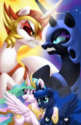 Size: 776x1199 | Tagged: safe, artist:christadoodles, derpibooru import, daybreaker, nightmare moon, princess celestia, princess luna, alicorn, pony, a royal problem, crossing horns, duality, ethereal mane, female, fight, gritted teeth, horn, horns are touching, hug, looking at each other, magic, mane of fire, siblings, sisters, smiling
