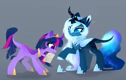 Size: 4696x3008 | Tagged: safe, artist:magnaluna, derpibooru import, princess luna, twilight sparkle, kirin, ..., chest fluff, cloven hooves, crooked horn, drawing, duo, ethereal mane, female, gray background, horn, jewelry, kirinified, looking down, paper, quill, raised hoof, regalia, simple background, species swap, starry mane, tongue out