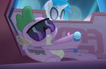 Size: 413x269 | Tagged: safe, derpibooru import, screencap, spike, vinyl scratch, dragon, pony, unicorn, my little pony: the movie, cropped, female, glasses, male, mc spike, microphone, smiling, tail