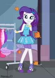 Size: 3100x4400 | Tagged: safe, artist:tabrony23, derpibooru import, rarity, equestria girls, equestria girls series, street chic, spoiler:eqg series (season 2), autumn leaves, bracelet, clothes, clothes rack, cold weather, cute, dress, female, geode of shielding, high heels, jewelry, leaf, leaves, looking at you, magical geodes, raribetes, shoes, shorts, smiling, smiling at you, solo, wind, wind blowing, window